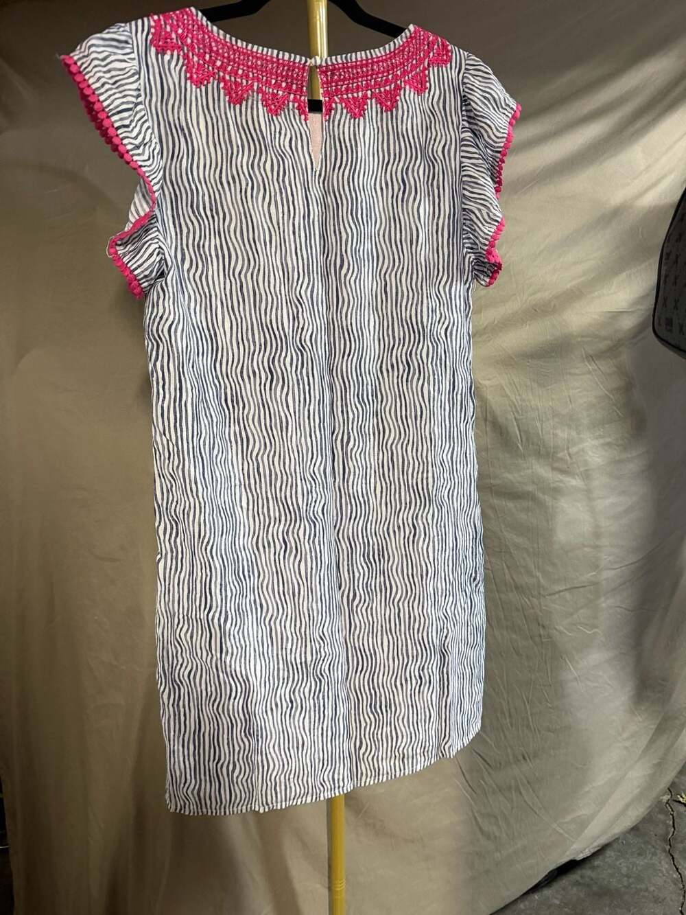 THML Blue and White Wavy Stripe Embroidered Ruffle Sleeve Mini Dress - Picture 3 of 3